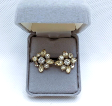 c 1940s Clear Rhinestone Earrings Screw On Art Nouveau Floral Vintage Elegant - £31.50 GBP