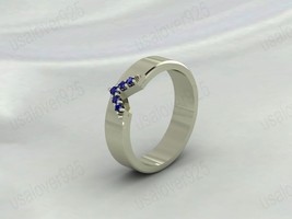 Blue Sapphire Stone V Shaped Sterling Silver Handmade Women Band Ring Jewelry - £45.08 GBP