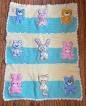 Vintage Crochet Afghan Baby Blanket w Plush Animal Applique Grandmacore Granny - $148.50