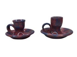 Vintage Lot 2 Different Bybee Pottery Mauve Blue Candlestick Holders Signed BB - £35.22 GBP
