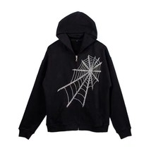 rhinestone spider web hot rhinestone zipper hoodie couple trend Harajuku  oversi - £119.14 GBP