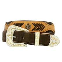 Cowboy Western Dress Belt Concho Overlay Studded Real Leather Rustic Brown Cinto - £27.96 GBP