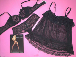 Victoria&#39;s Secret 36C BRA SET thong+M ruffle BABYDOLL Polka dot BLACK la... - £74.94 GBP