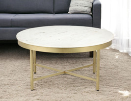 36" White And Gold Genuine Marble And Steel Round Coffee Table - $17,916.74 MXN