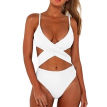 Women&#39;S Sexy Criss Cross High Waisted Cut Out One Piece Monokini Swimsuit White  - £44.05 GBP