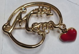 Vintage Gold Tone Brooch Mothers Day Gift SFJ Signed With Dangling HEART Charm  - £7.49 GBP