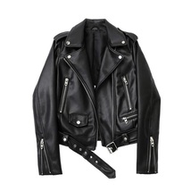 Spring and Autumn 2023 New faux leather PU jacket with belt women&#39;s lapel motorc - £107.45 GBP