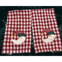 Christmas Santa Claus Kitchen Towels Set of 2 Red Plaid Half Moon Vintage - £15.70 GBP