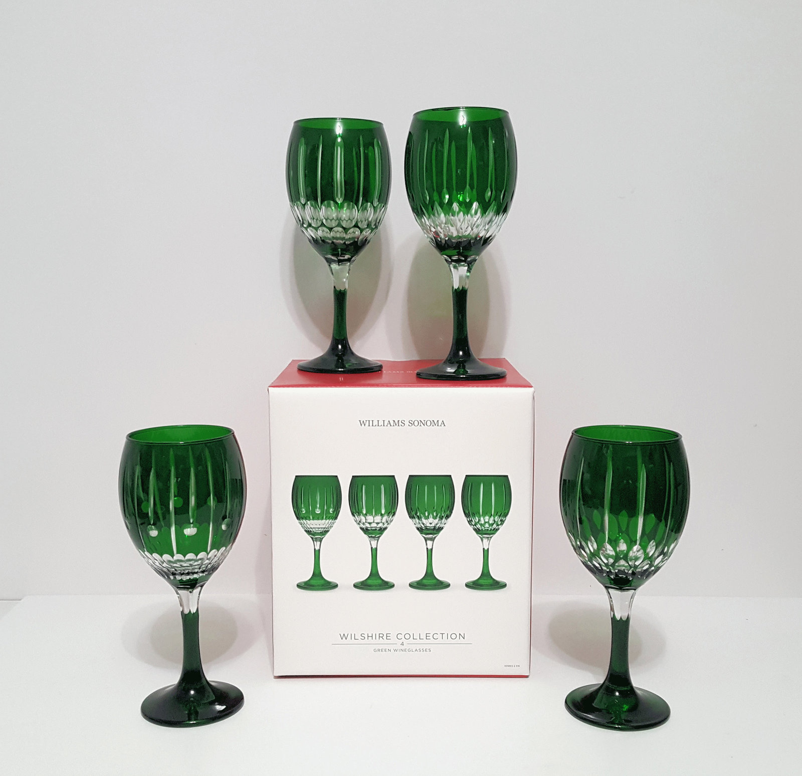 NEW Williams Sonoma Set of 4 GREEN Wilshire Jewel Cut Mixed Wine Glasses 15 OZ - £182.25 GBP