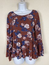 Charming Charlie Womens Size L Red/Blue Floral Blouse Lattice Back Long Sleeve - £5.02 GBP