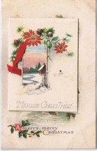 Holiday Postcard Embossed Christmas Poinsettia Ribbon Card On Postcard - $5.83