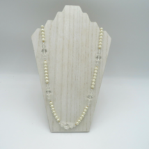 Marvella Necklace 28&quot; Imitation Pearl Clear Beads Gold Tone Spacers Vintage - £14.00 GBP