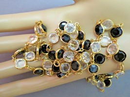 Bezel Set Austrian Crystal Necklace Black Clear Gold Plated Links 36&quot; Long NICE! - £39.86 GBP