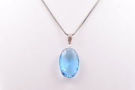 Fait Main Rhodium Poli Topaze Bleu Forme Ovale Femme Pendentif Collier C... - £19.63 GBP+