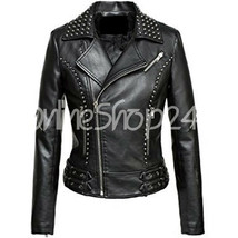 New Women Black Unique Classic Design Silver Studded Short Belted Leather Jacket - £181.71 GBP