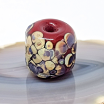 Artisan Lampwork Glass Barrel Drum Bead Red Gray Beige Designer Bead - $16.95