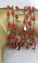 Vintage Coral Chip Glass Metal Wire Pedal Beaded Long Necklace 26&quot; - £19.38 GBP