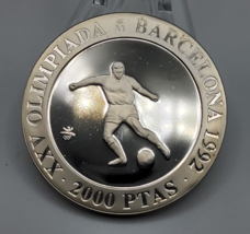 Spain Silver proof  Coin 2000 Pesetas 1992 ~ Olympiad Barcelona, soccer ~ futbol - £35.02 GBP