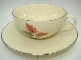 Trio By Leno X-446 Made in USA Teacup and Saucer Set Ivory Leaves Silver Trim - $24.74