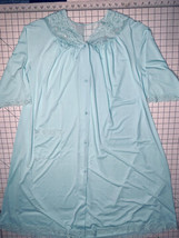 Vtg Shadowline Robe Peignoir Size Large Blue Nylon Rosebud Lace Button U... - $31.96