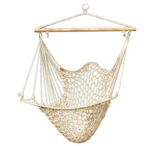 Hammock Cotton Swing Camping Hanging Rope Chair Wooden Beige White Outdoor Patio - £36.76 GBP