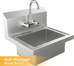 Stainless Steel Sink Wall Mount Hand Washing Sink with Faucet &amp; Back Spl... - £106.97 GBP