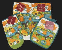 Farm Truck Kitchen Dish Towels Oven Mitt Pot Holder Set of 4 Thanksgivin... - £20.60 GBP