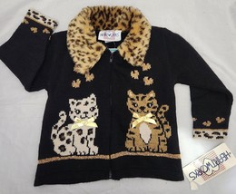 Vtg Black Cat Kitty Sweater Heartworks Leopard Print Trim Collar Sz 3T Zip NEW! - £23.70 GBP