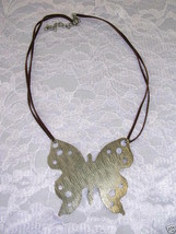Giant Butterfly Silver Tone Pendant Double Adj Brown Cord Necklace 16 - 19&quot; - £3.92 GBP