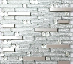 Glossy Glass Metal Linear Wall Tiles Silver Mosaic Shiny Backsplash Tile - £18.87 GBP+