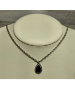 Vintage Onyx STYLE Teardrop Black Stone on Silver Tone Chain Necklace 18&quot; - £13.03 GBP