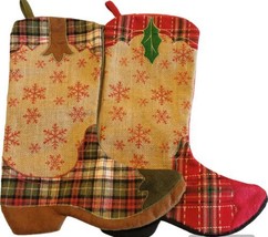 Cowboy Boots Christmas Stockings Burlap Felt Plaid Design His Hers 15 in - £11.65 GBP