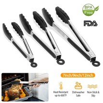 3 Silicone Tongs Stainless Steel Kitchen Food Cooking Utensil BBQ Salad Serving - £24.77 GBP