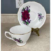 Royal Vale Bone China Red Rose  With Purple Violets Tea Cup And Saucer Set - £13.39 GBP