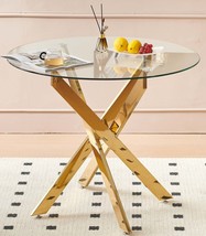 Golden Dining Table: Modern Glass Top, Cross Metal Leg, Space-Saving - $3,863.41 MXN