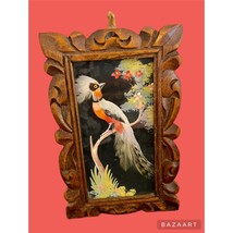 Mexican Folk Art Feathercraft Bird With Hand Hand Carved Wooden Frame - £14.99 GBP