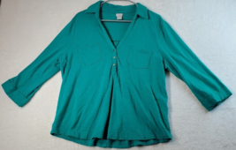 Chico&#39;s Shirt Womens Size 3P Teal Knit Cotton Collar V Neck Button Pocket - £13.29 GBP