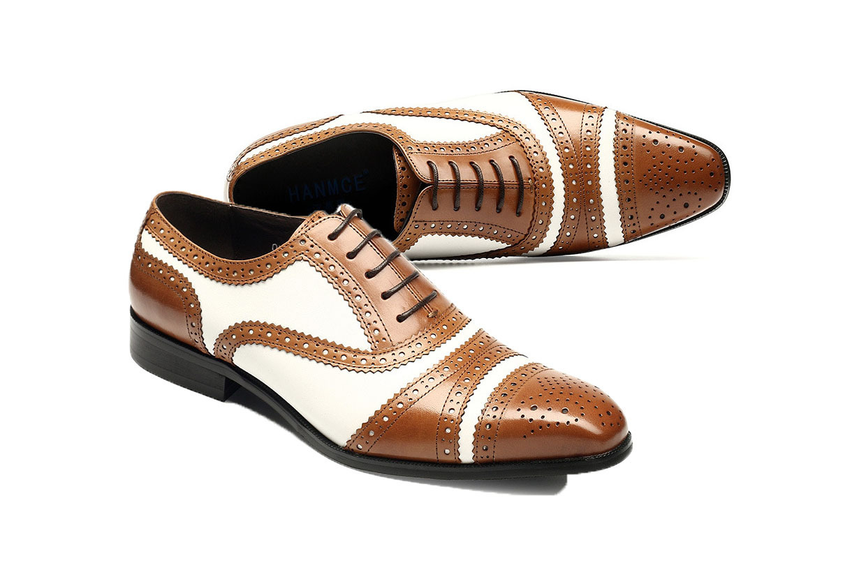 Handmade Cap Toe Leather Spectator Shoes, Men's Lace Up Brogue Brown White Shoes