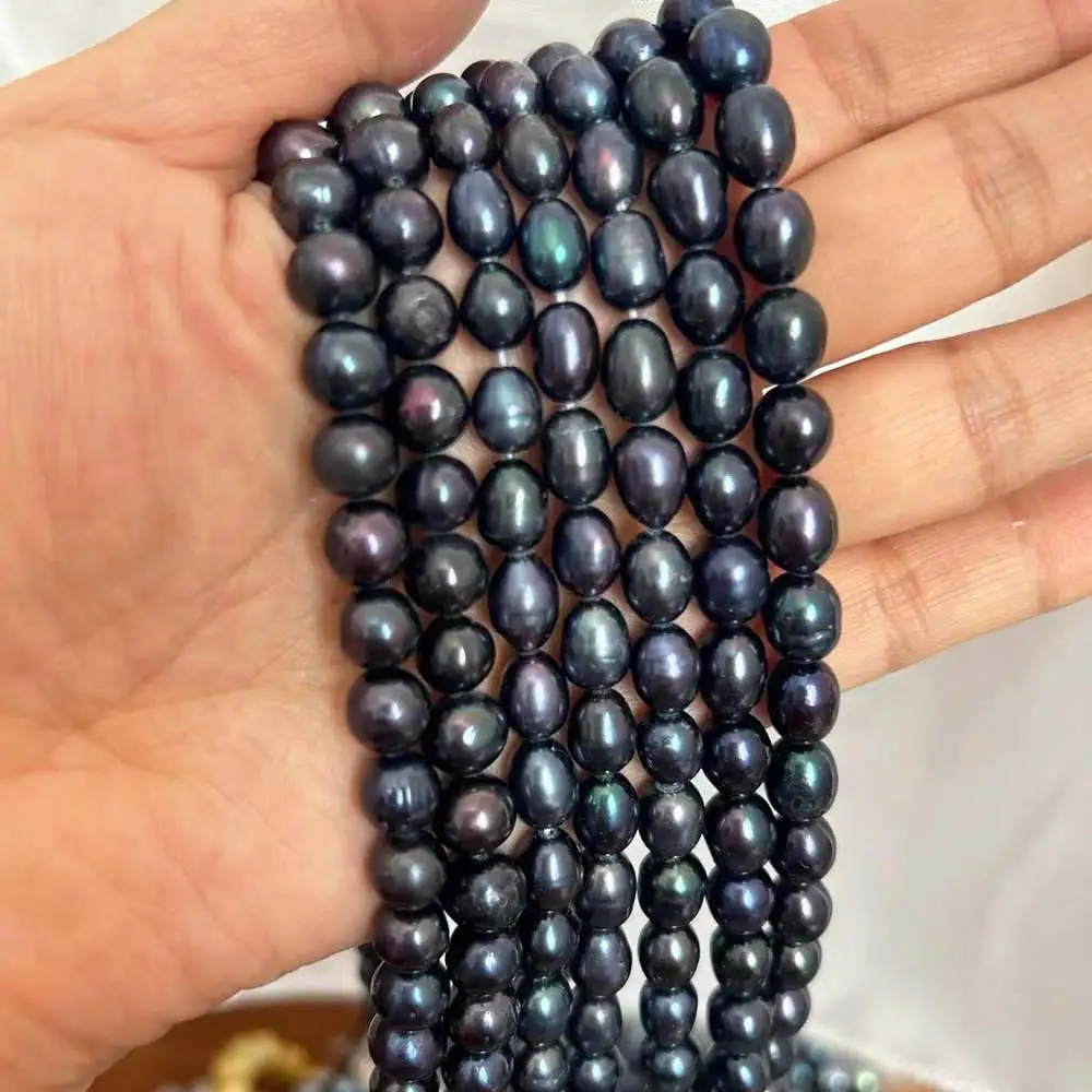 7-9mm Olivary Rice Round Real Natural Freshwater Cultured Black Pearls Vertical - £16.33 GBP+