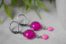 Pink jade earrings, Hot pink silver huggies, Pink enamel pendant earrings, Gemst - £24.15 GBP