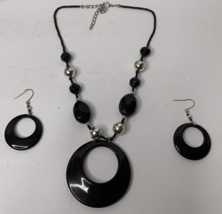 Black Collar Length Beaded Necklace With Hoop Pendant And Matching Hoop Earrings - £6.38 GBP