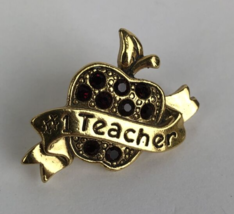Vintage Avon Gold Tone Red Rhinestone Apple #1 Teacher Ribbon Brooch Lapel Pin - £8.61 GBP