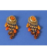 Jewelry-SKU#x176/Vintage Dangle Clip-On Earrings Amber Crackle Glass - $558.28 MXN