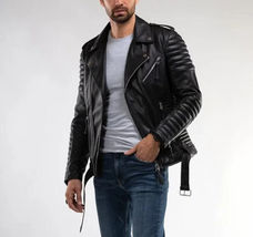 Handmade Mens Classic Motorcycle Vintage Quilted Black Leather Bomber Jacket - £127.49 GBP