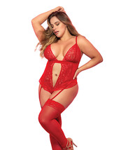 Lace &amp; Mesh Teddy W/hook &amp; Eye Crotch Closure W/attached Garter Straps Red 2x/3x - £32.31 GBP