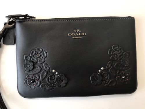 NWT Coach F12056 Small Leather Wristlet Tea Rose Tool Black Glovetanned ... - $59.01