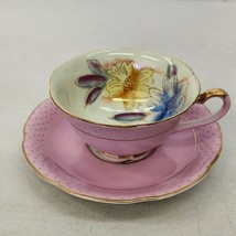 MERIT Hand Painted Occupied Japan Tea Cup and Saucer Pink Floral &amp; Dots 1946-52 - £15.42 GBP