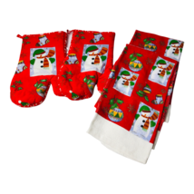 2 Christmas Hand Towels and Pot Holder Gloves Snowmen Ornaments Red Snowflakes - £12.82 GBP