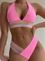 High Waist Swimsuit Color Block Web Sexy Push Up Bikini - £15.47 GBP