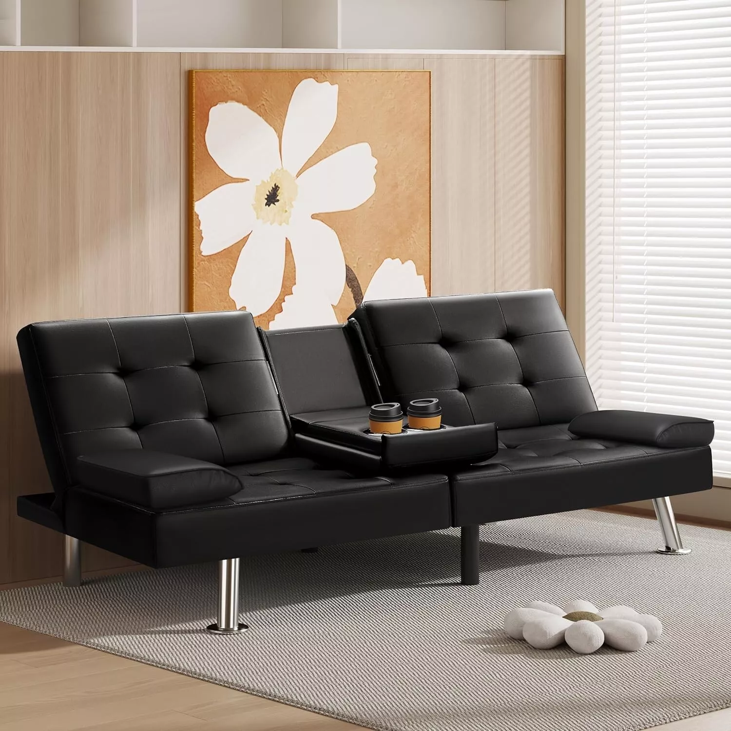 Black Faux Leather Futon Sleeper Sofa Bed: Modern Recliner Couch with Cu... - $266.95 CAD